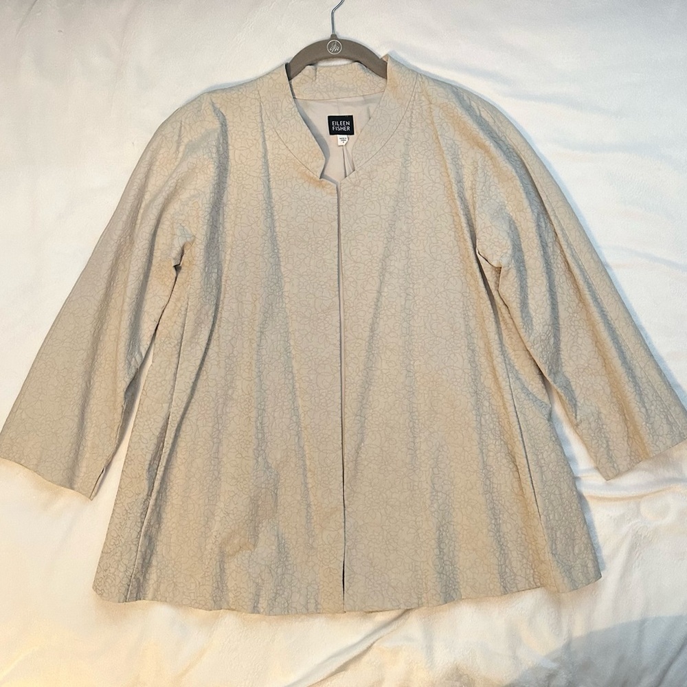 Eileen Fisher Beige Florette Jacquard Open Front 3/4 Slv Cotton Blazer Jacket S